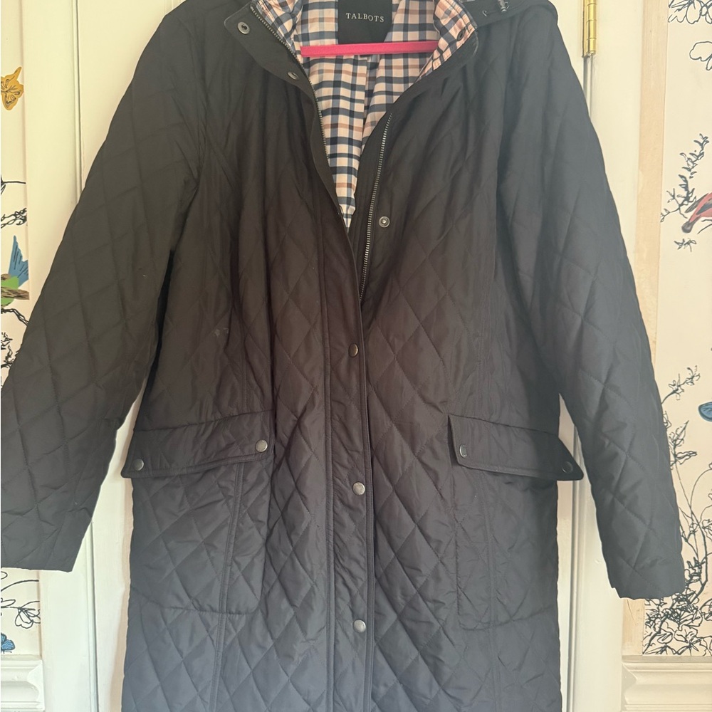 Talbots Black Quilted Hooded Coat with Plaid Lining - Size XL